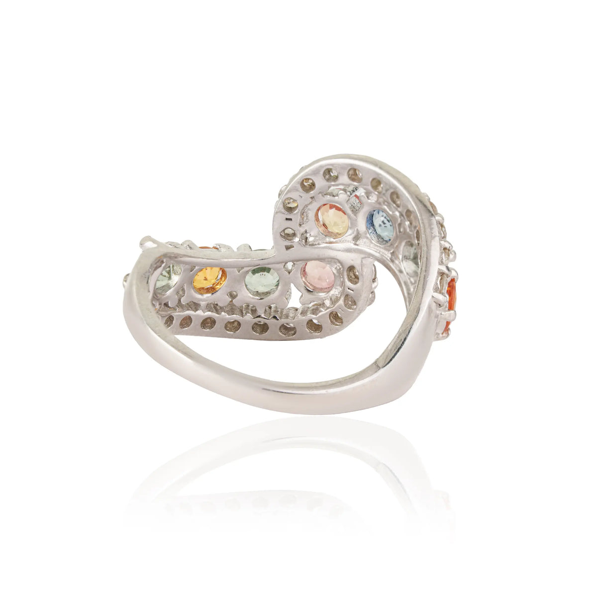 High Quality Multi Sapphire & Diamond 925 Sterling Silver Crossover Design Curved Band Ring
