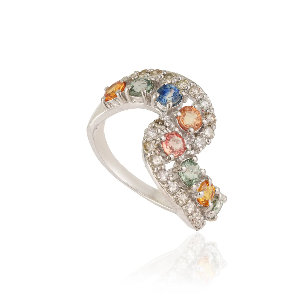 High Quality Multi Sapphire & Diamond 925 Sterling Silver Crossover Design Curved Band Ring