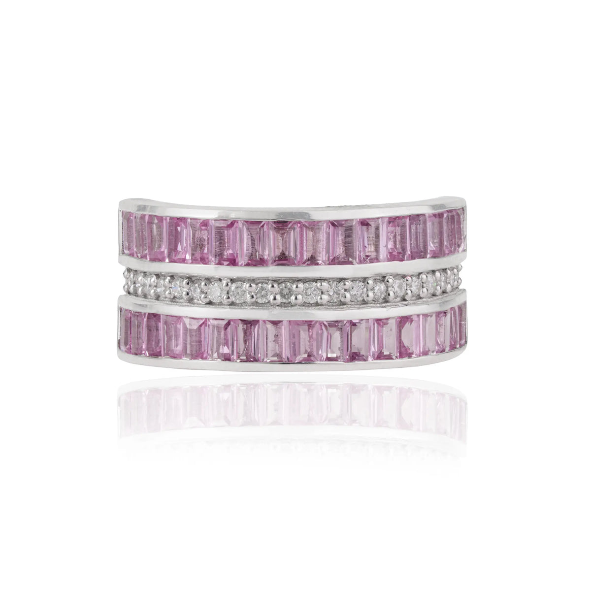 New Design 925 Sterling Silver Natural Pink Sapphire & Diamond Triple Row Half Eternity Band Ring
