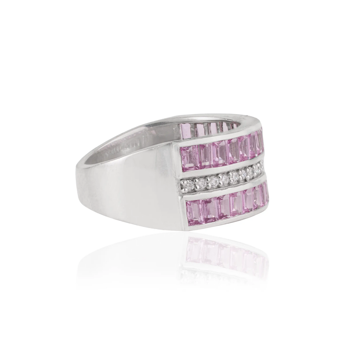New Design 925 Sterling Silver Natural Pink Sapphire & Diamond Triple Row Half Eternity Band Ring
