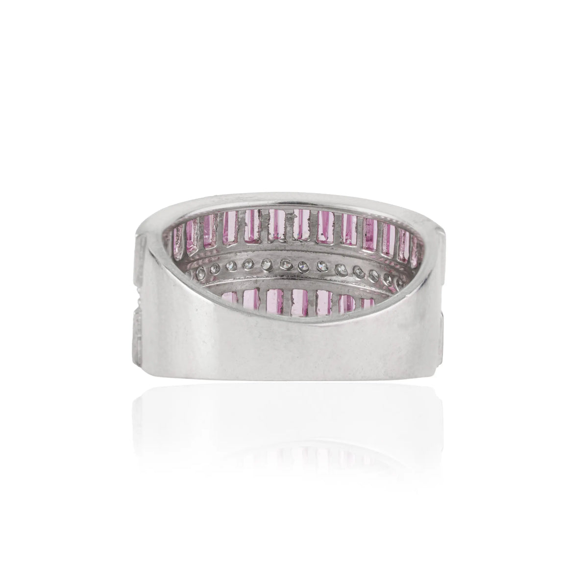 New Design 925 Sterling Silver Natural Pink Sapphire & Diamond Triple Row Half Eternity Band Ring