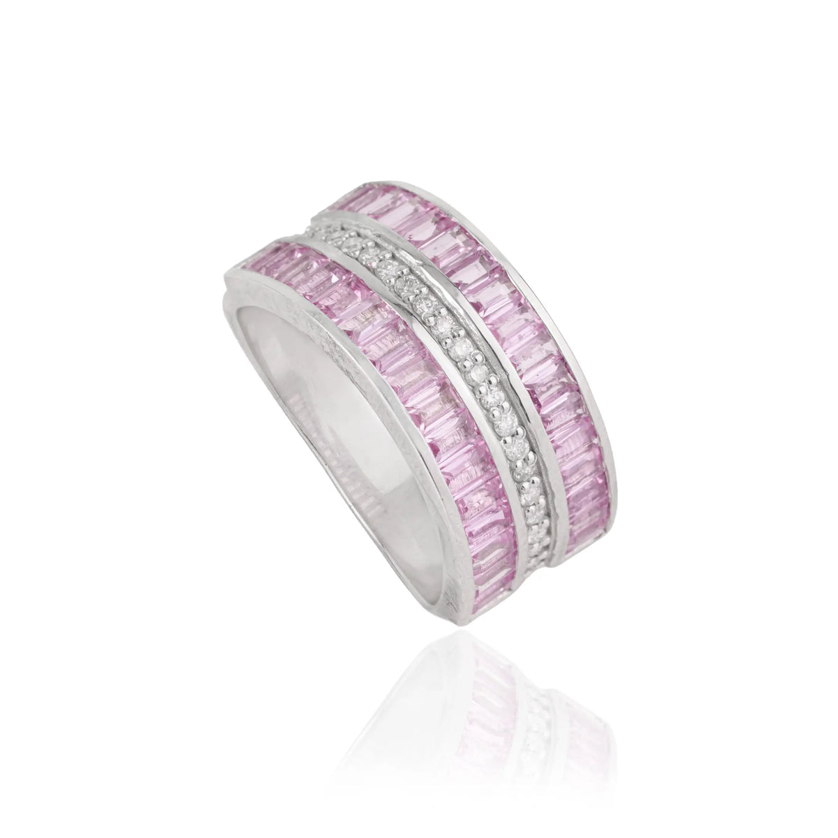 New Design 925 Sterling Silver Natural Pink Sapphire & Diamond Triple Row Half Eternity Band Ring