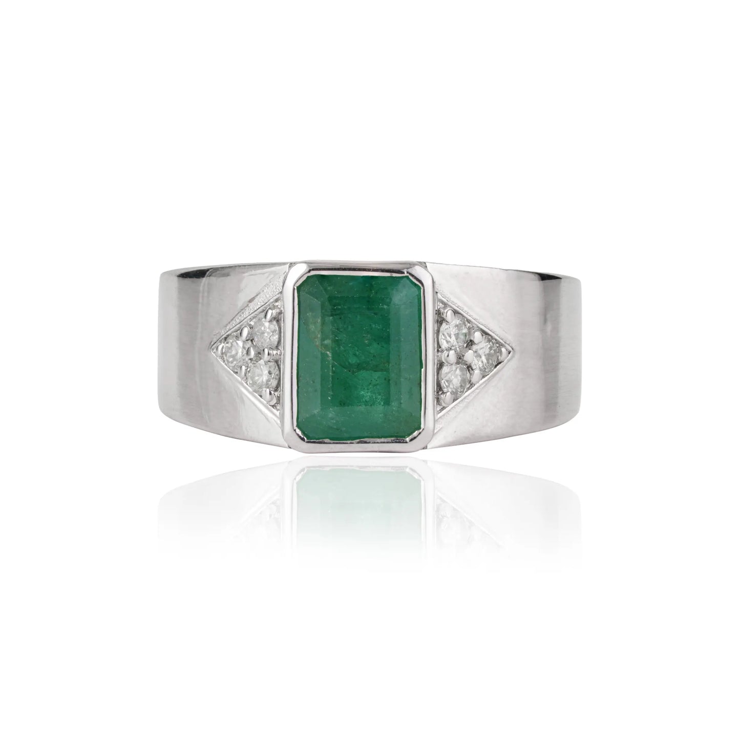 Bold Design 925 Sterling Silver Octagon Cut Emerald & Round Diamond Statement Ring Jewelry