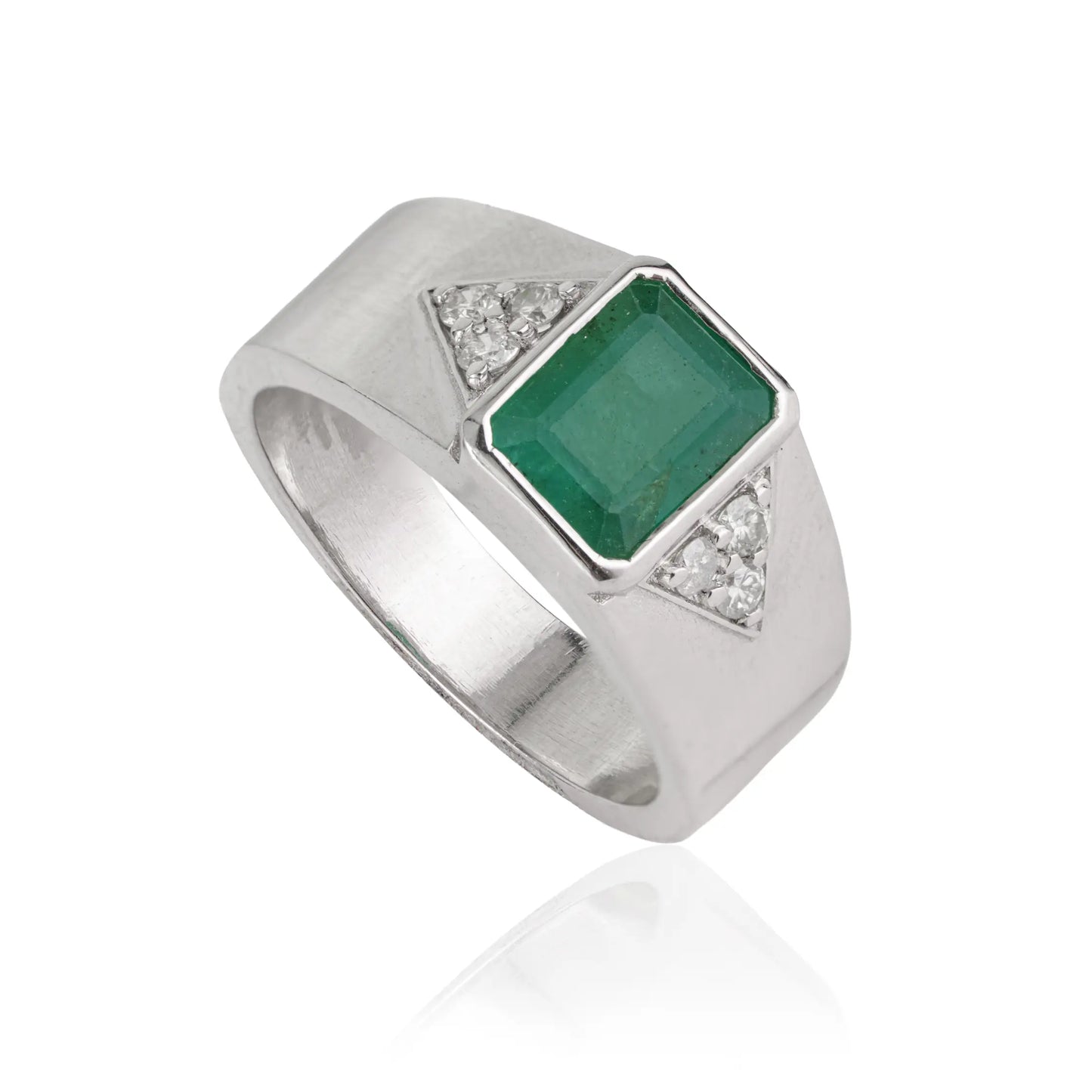 Bold Design 925 Sterling Silver Octagon Cut Emerald & Round Diamond Statement Ring Jewelry