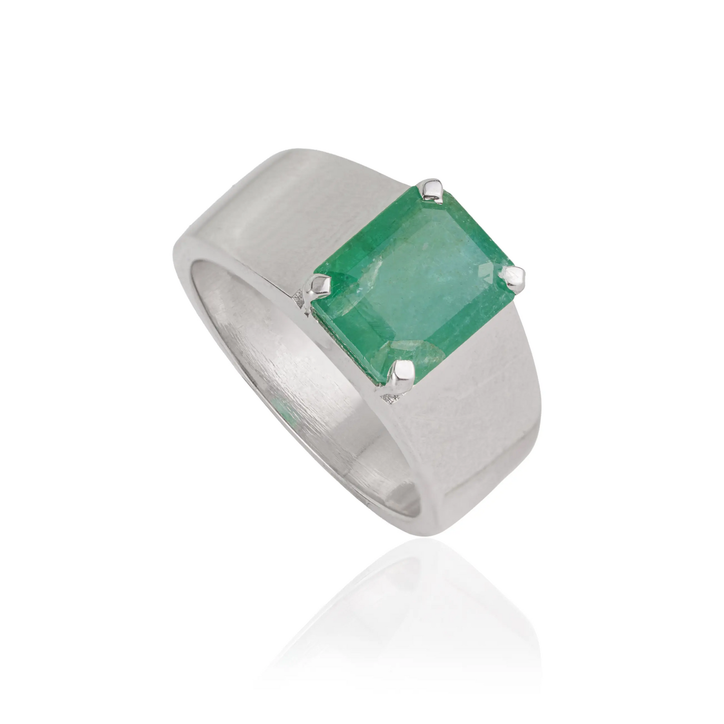 Classy Design 925 Sterling Silver Octagon Cut Natural Emerald Unisex Ring Jewelry
