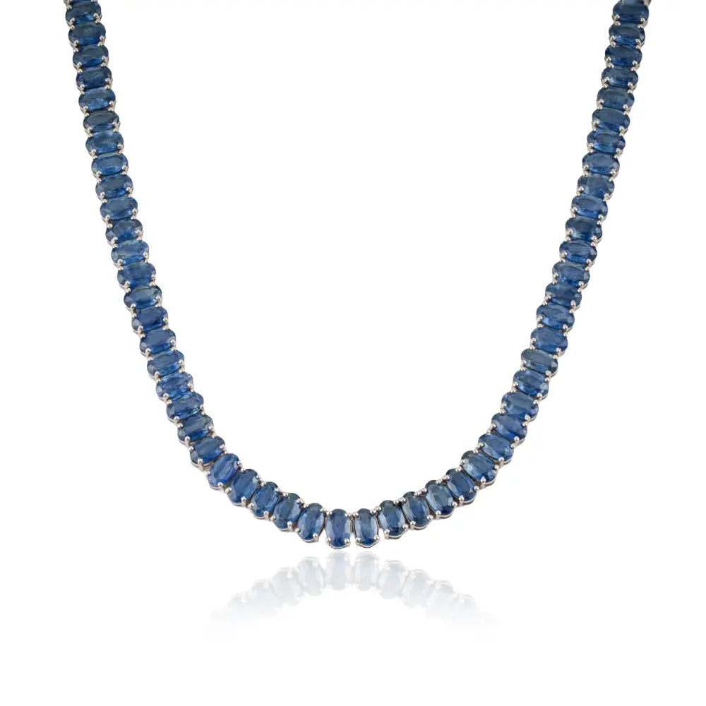 Handmade Design Blue Sapphire 14K White Gold Statement Tennis Necklace For Wedding