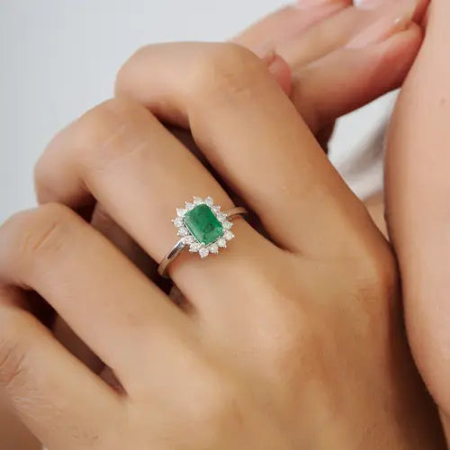 5X7 mm Genuine Emerald & Diamond Halo Classic 925 Sterling Silver Ring Fine Jewelry