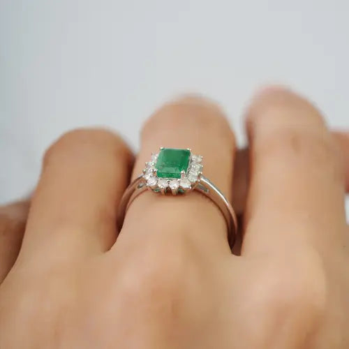 5X7 mm Genuine Emerald & Diamond Halo Classic 925 Sterling Silver Ring Fine Jewelry