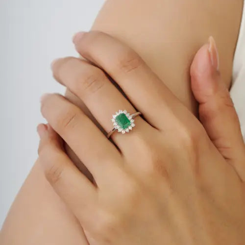 5X7 mm Genuine Emerald & Diamond Halo Classic 925 Sterling Silver Ring Fine Jewelry