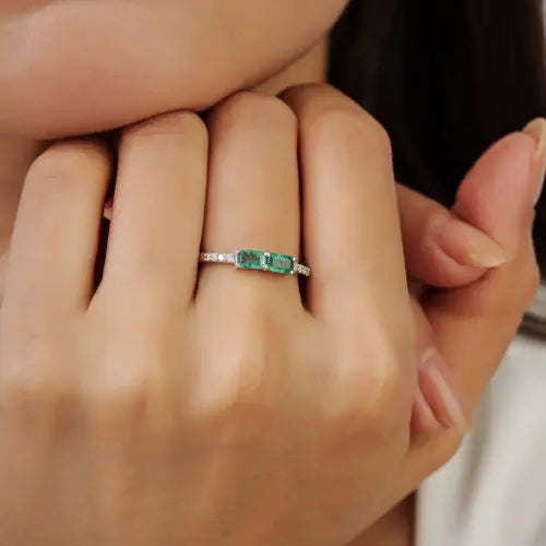 New Trendy Octagon Shape Emerald & Diamond 925 Sterling Silver Ring For Women