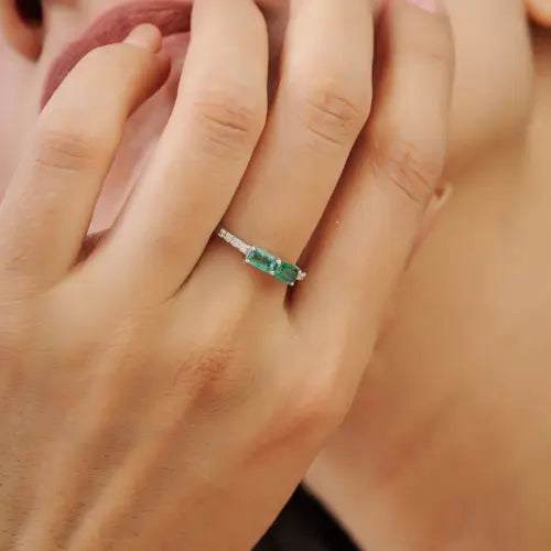 New Trendy Octagon Shape Emerald & Diamond 925 Sterling Silver Ring For Women