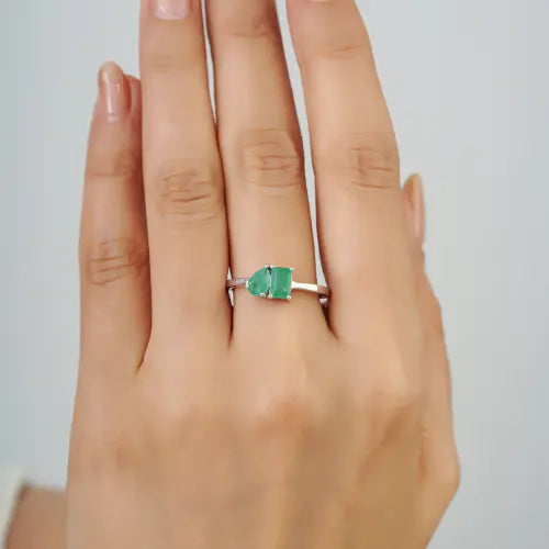 Stunning 925 Sterling Silver Emerald Gemstone Toi et Moi Ring Simple Everyday Wear Jewelry