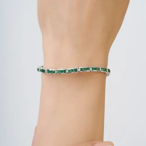 May Birthstone Princess Cut Emerald Sleek Handmade 925 Sterling Silver Tennis Bracelet