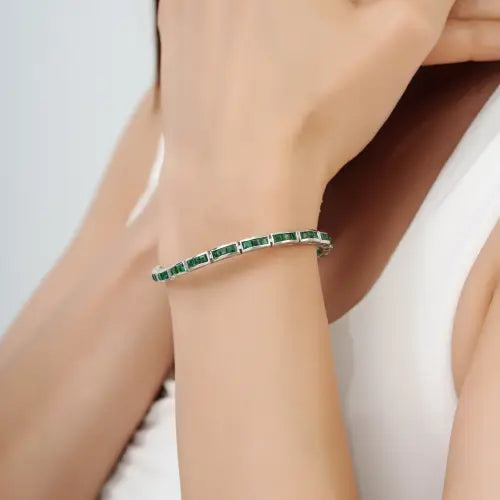 May Birthstone Princess Cut Emerald Sleek Handmade 925 Sterling Silver Tennis Bracelet
