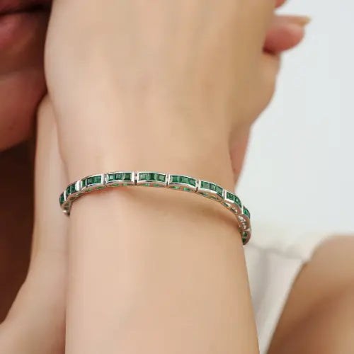 May Birthstone Princess Cut Emerald Sleek Handmade 925 Sterling Silver Tennis Bracelet