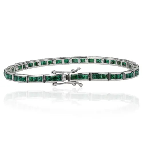 May Birthstone Princess Cut Emerald Sleek Handmade 925 Sterling Silver Tennis Bracelet