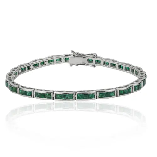 May Birthstone Princess Cut Emerald Sleek Handmade 925 Sterling Silver Tennis Bracelet