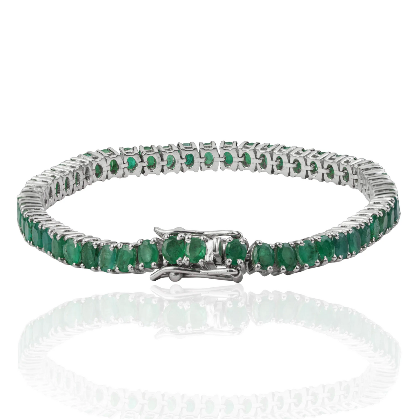 Premium Quality Natural Oval Cut Emerald Gemstone Fine Silver Tennis Bracelet For Women