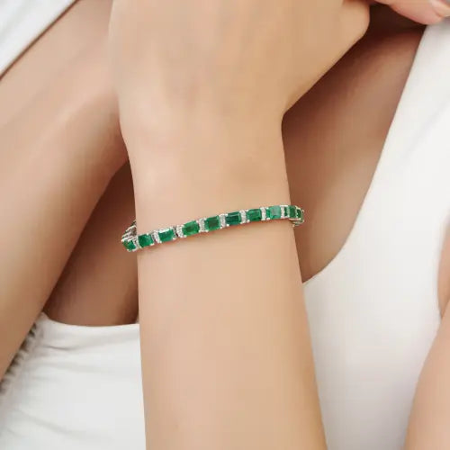 Stunning 925 Sterling Silver 100% Genuine Emerald & Diamond Tennis Bracelet Everyday Wear Jewelry