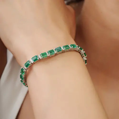 Stunning 925 Sterling Silver 100% Genuine Emerald & Diamond Tennis Bracelet Everyday Wear Jewelry