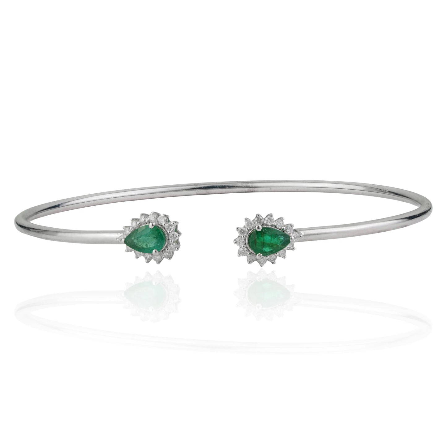 May Birthstone 925 Sterling Silver Natural Pear Cut Emerald & Diamond Open Cuff Bangle