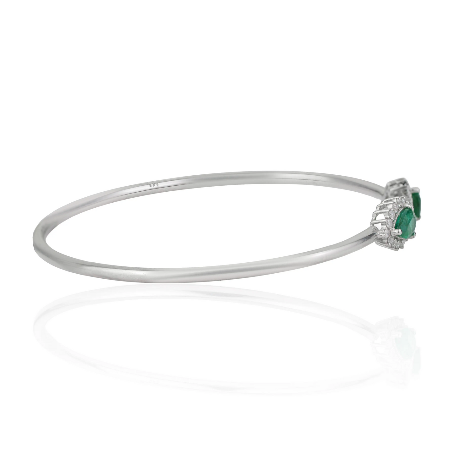 May Birthstone 925 Sterling Silver Natural Pear Cut Emerald & Diamond Open Cuff Bangle