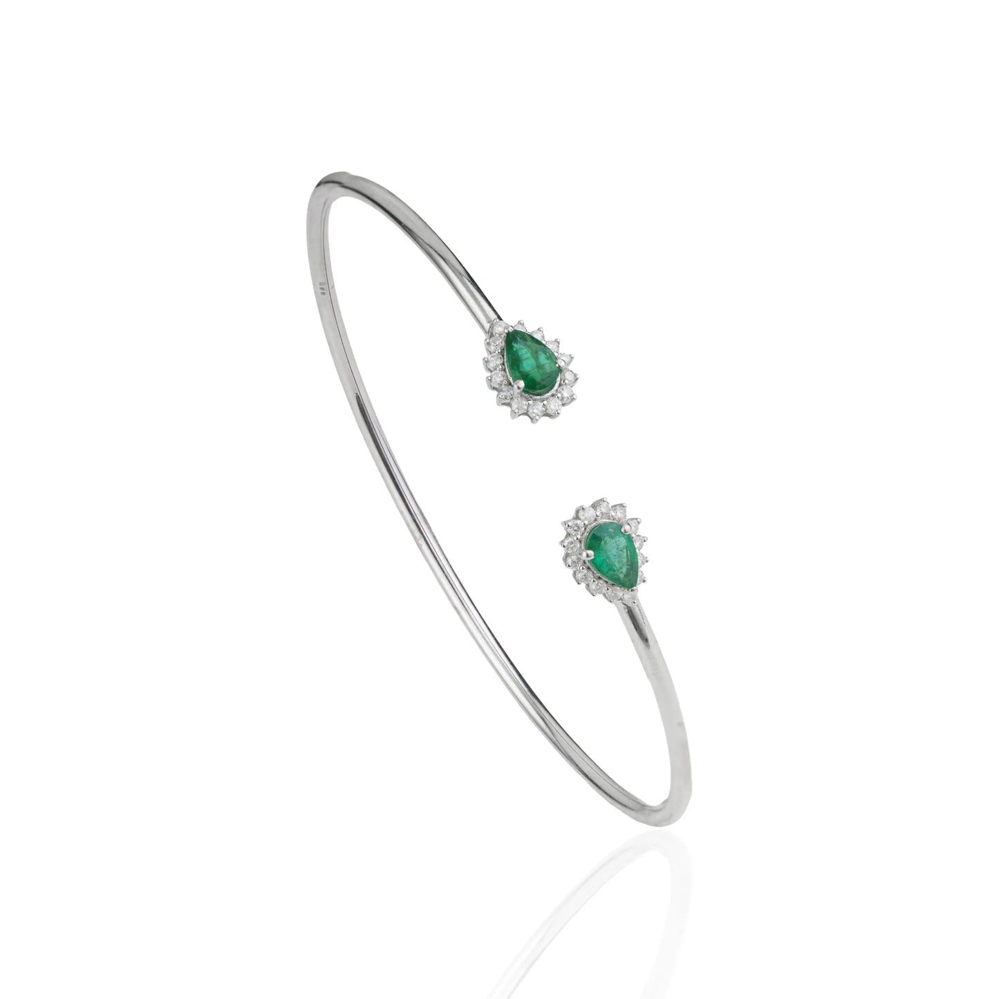 May Birthstone 925 Sterling Silver Natural Pear Cut Emerald & Diamond Open Cuff Bangle