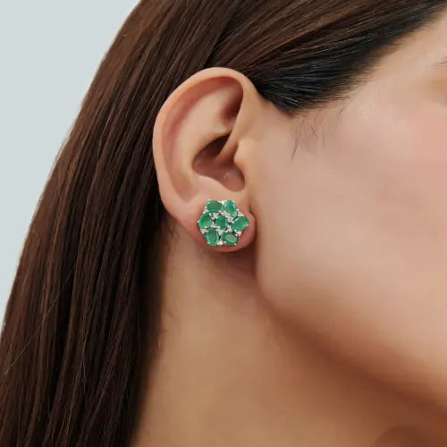 925 Silver Beautiful Round Cluster Oval Cut Natural Emerald & Diamond Stud Earrings