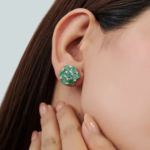 925 Silver Beautiful Round Cluster Oval Cut Natural Emerald & Diamond Stud Earrings