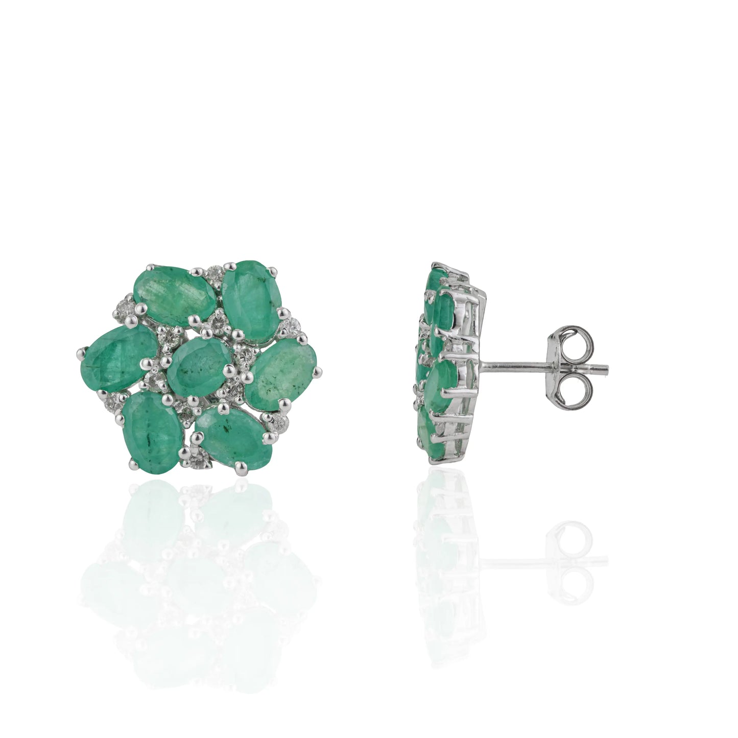 925 Silver Beautiful Round Cluster Oval Cut Natural Emerald & Diamond Stud Earrings