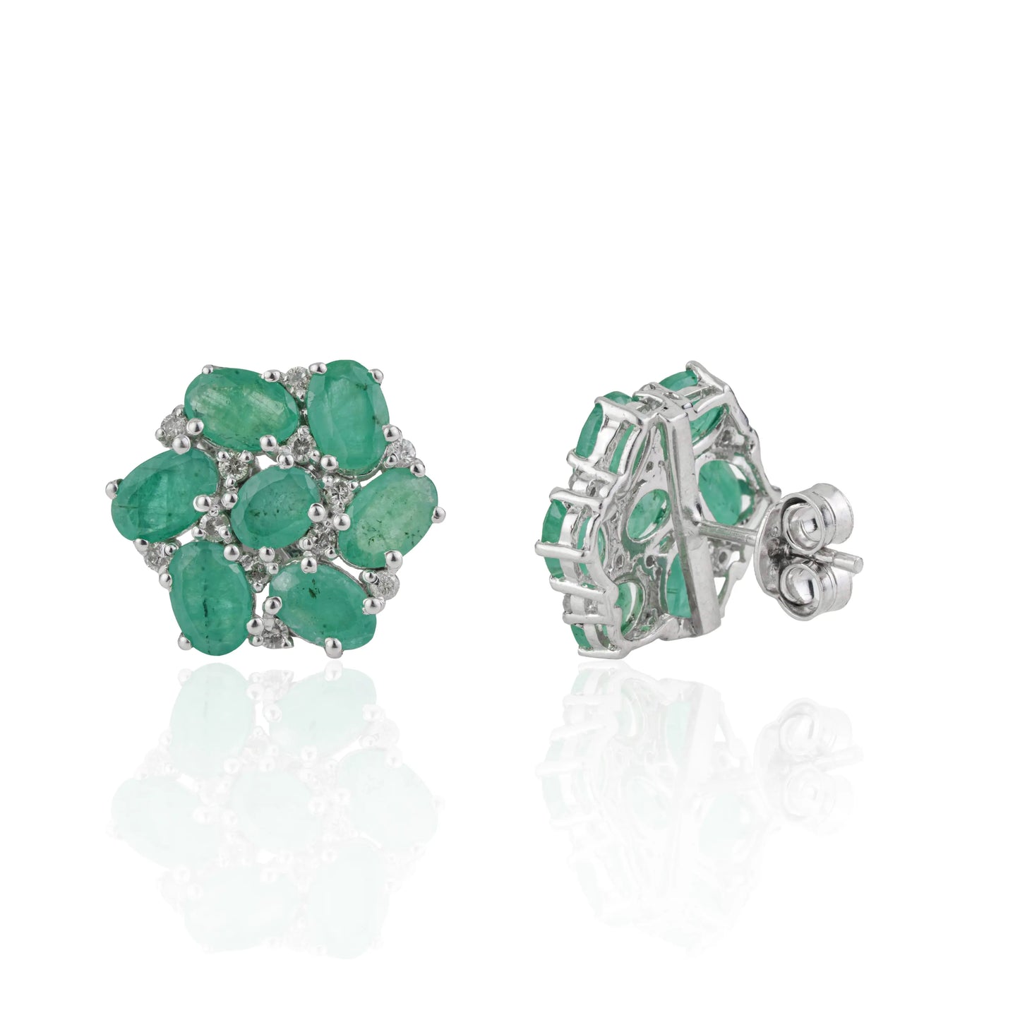 925 Silver Beautiful Round Cluster Oval Cut Natural Emerald & Diamond Stud Earrings