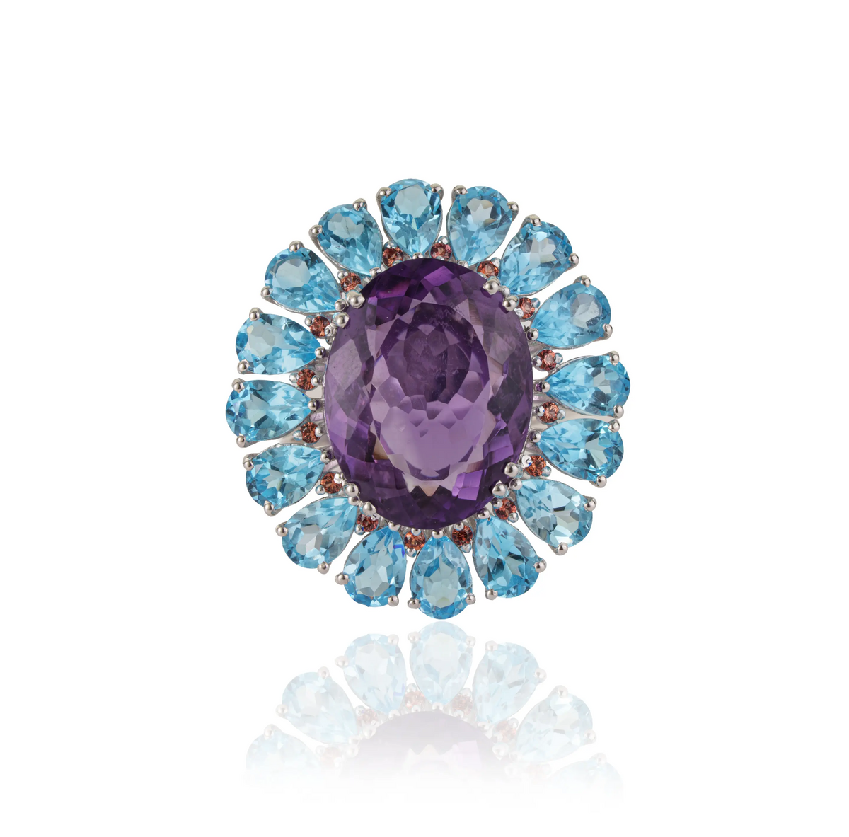 High Quality Natural Amethyst Blue Topaz & Orange Sapphire 925 Silver Bold Statement Ring