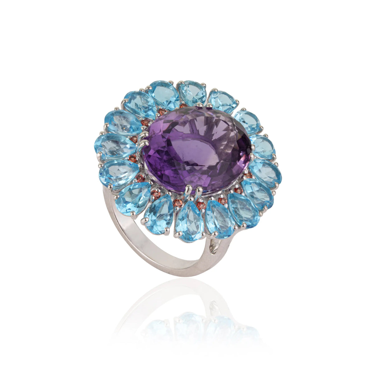 High Quality Natural Amethyst Blue Topaz & Orange Sapphire 925 Silver Bold Statement Ring