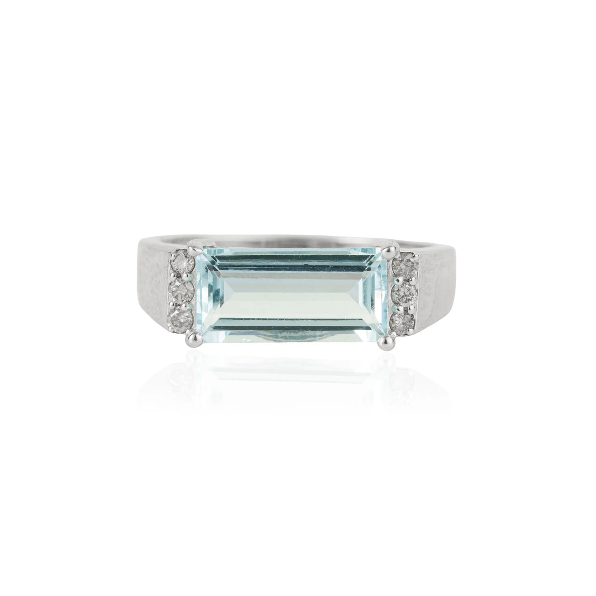 Handmade 925 Sterling Baguette Cut Aquamarine March Birthstone Ring With Diamond Accents