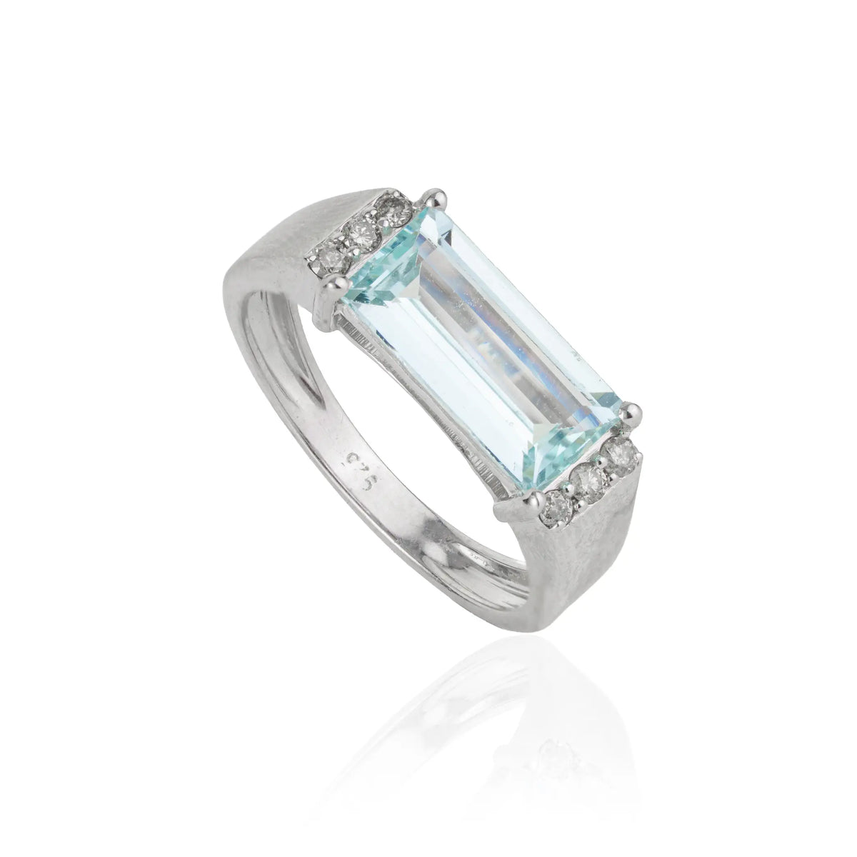Handmade 925 Sterling Baguette Cut Aquamarine March Birthstone Ring With Diamond Accents
