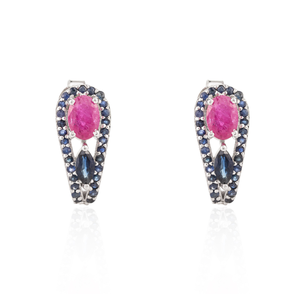 Wholesale Bulk Women Jewelry 925 Sterling Silver Natural Ruby & Blue Sapphire Stud Earrings