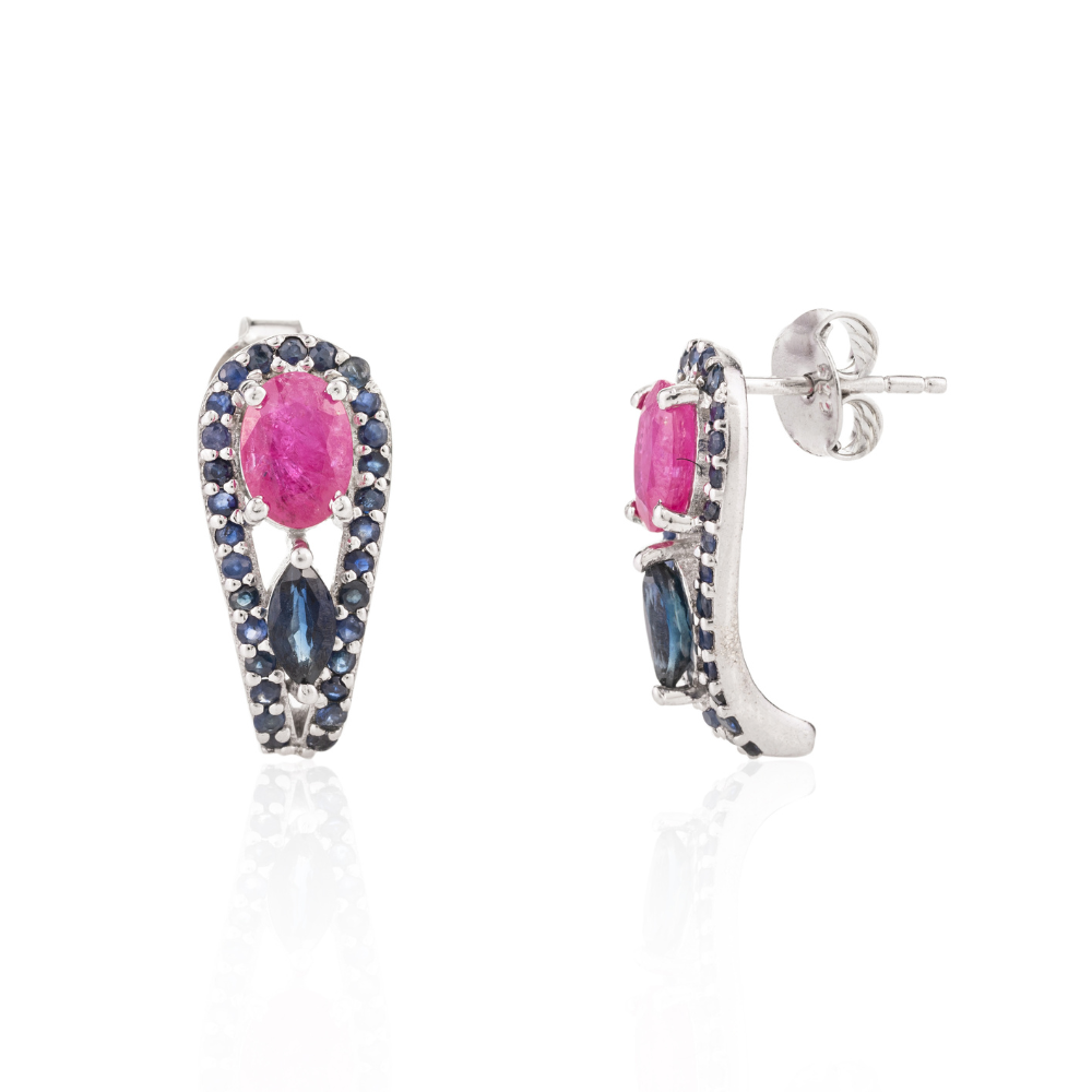 Wholesale Bulk Women Jewelry 925 Sterling Silver Natural Ruby & Blue Sapphire Stud Earrings