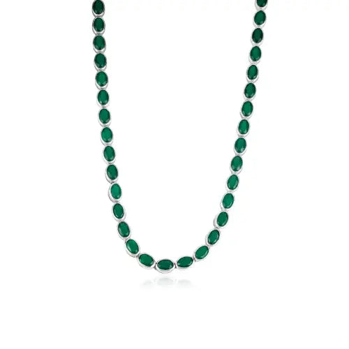Bezel Set Natural Oval Cut Green Onyx Gemstone Tennis Necklace In 925 Sterling Silver For Women's
