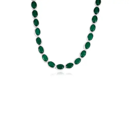 Bezel Set Natural Oval Cut Green Onyx Gemstone Tennis Necklace In 925 Sterling Silver For Women's