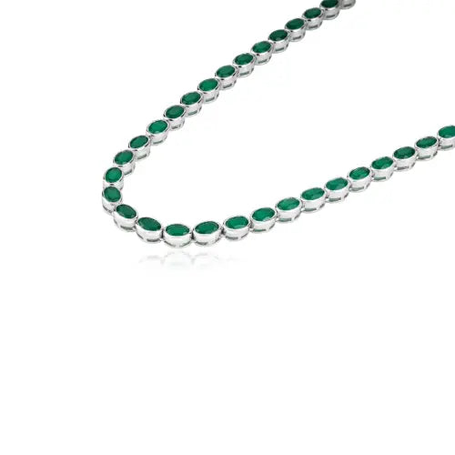 Bezel Set Natural Oval Cut Green Onyx Gemstone Tennis Necklace In 925 Sterling Silver For Women's