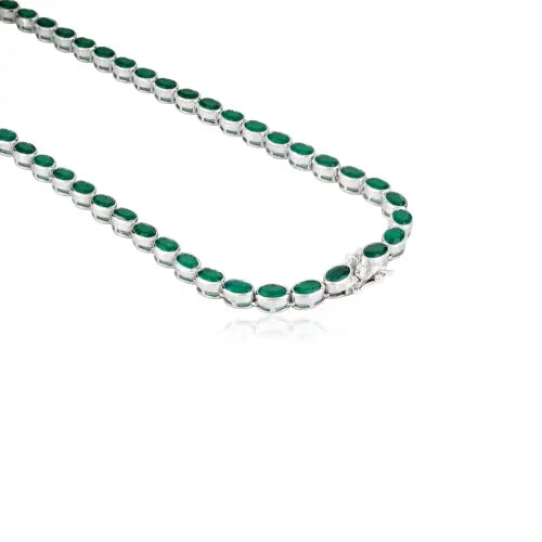 Bezel Set Natural Oval Cut Green Onyx Gemstone Tennis Necklace In 925 Sterling Silver For Women's
