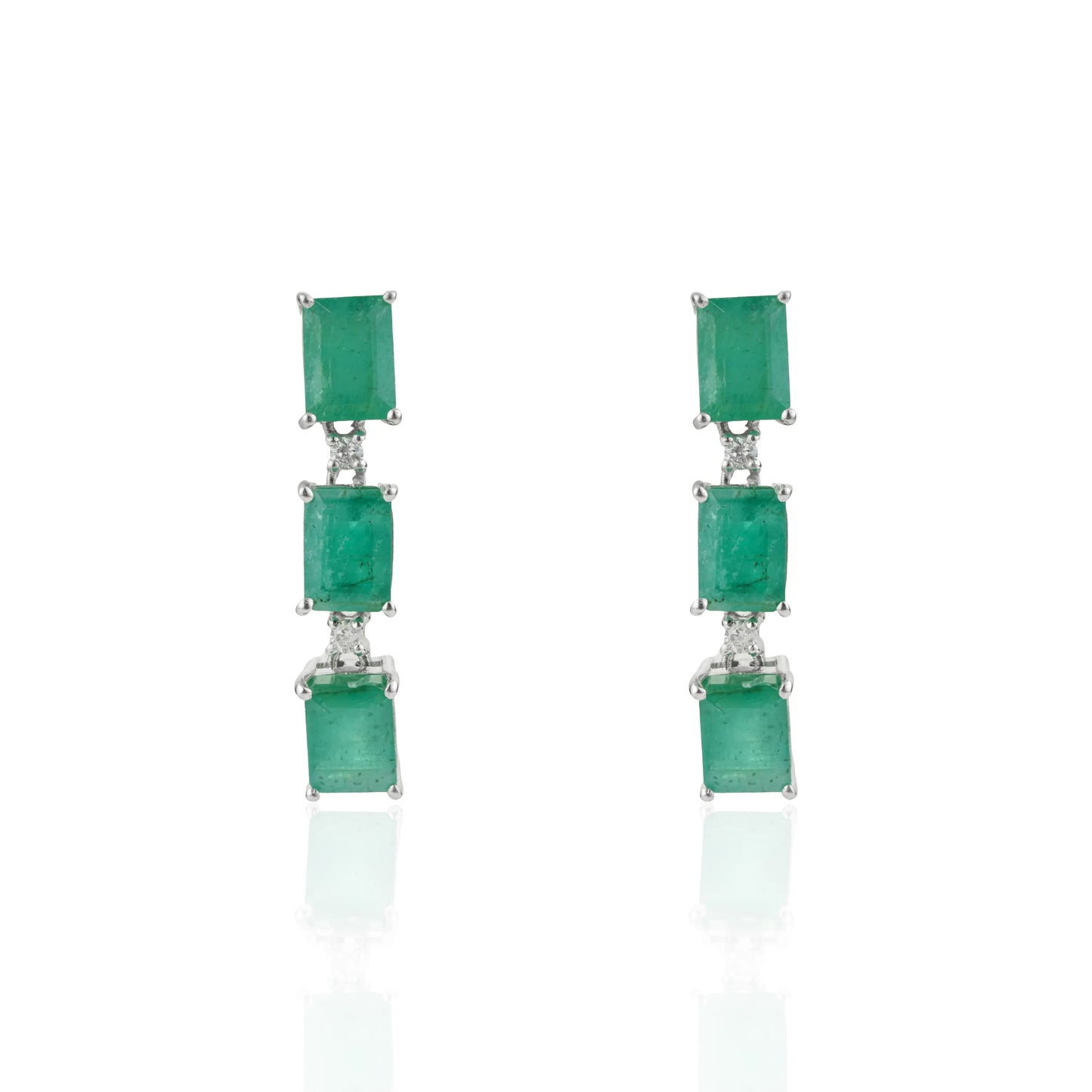 5x6 mm Octagon Cut 100% Genuine Emerald & Diamond Dangle Earrings in 925 Sterling Silver