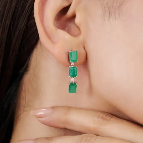 5x6 mm Octagon Cut 100% Genuine Emerald & Diamond Dangle Earrings in 925 Sterling Silver
