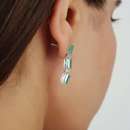 5x6 mm Octagon Cut 100% Genuine Emerald & Diamond Dangle Earrings in 925 Sterling Silver