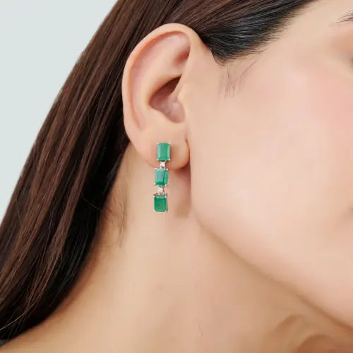 5x6 mm Octagon Cut 100% Genuine Emerald & Diamond Dangle Earrings in 925 Sterling Silver