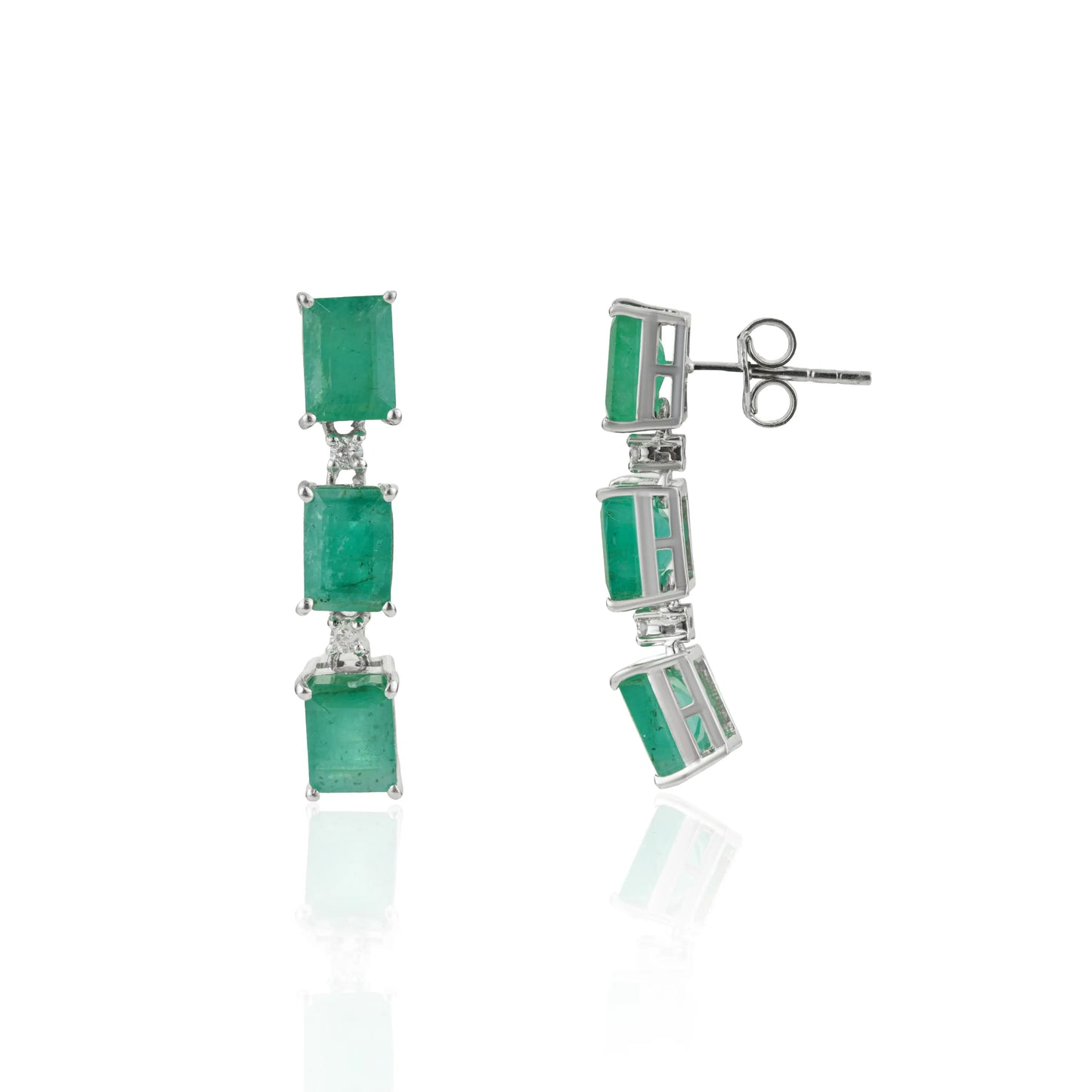 5x6 mm Octagon Cut 100% Genuine Emerald & Diamond Dangle Earrings in 925 Sterling Silver