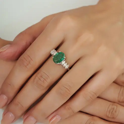 2.54 CT Natural Oval Emerald & Marquise Cut Diamond Statement 925 Silver Ring For Women's