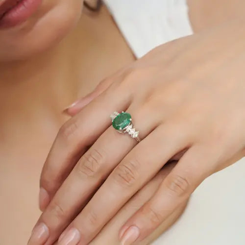 2.54 CT Natural Oval Emerald & Marquise Cut Diamond Statement 925 Silver Ring For Women's