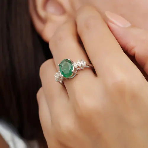 2.54 CT Natural Oval Emerald & Marquise Cut Diamond Statement 925 Silver Ring For Women's