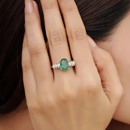 2.54 CT Natural Oval Emerald & Marquise Cut Diamond Statement 925 Silver Ring For Women's